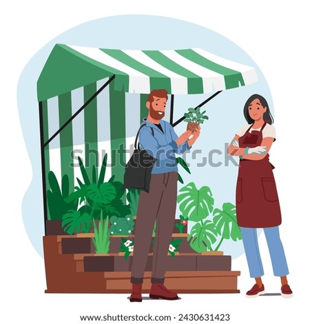 Woman In Apron And Garden Gloves Stands Confidently With Crossed Arms At Her Vibrant Market Stall, Character Offering An Array Of Thriving Plants To Eager Customers. Cartoon People Vector Illustration