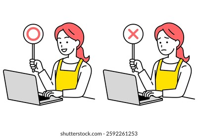 Woman in an apron giving a check mark while using a laptop computer