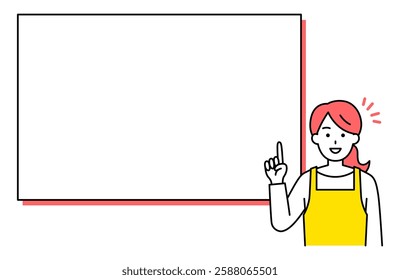 Woman in an apron giving a presentation in front of a whiteboard