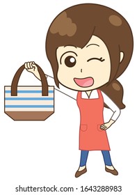 A woman in an apron going shopping with a tote bag