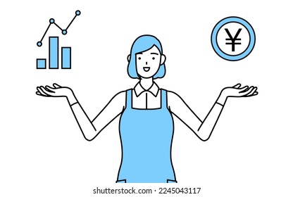 A woman in an apron guiding an image of DXing, performance and sales improvement.