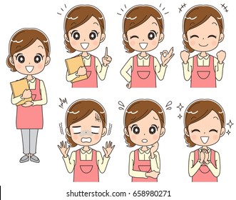 The woman in the apron has various expressions.