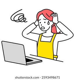 Woman in an apron having trouble operating a laptop