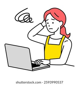 Woman in an apron having trouble operating a laptop