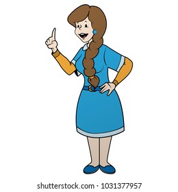 Woman in an apron held up her hand. Vector color flat illustration. For web, banner, poster, info graphic.