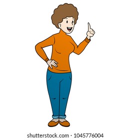Woman in an apron held up her hand. Vector color flat illustration. For web, banner, poster, info graphic.