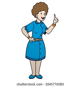 Woman in an apron held up her hand. Vector color flat illustration. For web, banner, poster, info graphic.