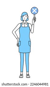A woman in an apron holding a bar of buts indicating incorrect answers.