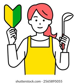 Woman in an apron holding up a beginner's mark