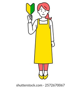 Woman in an apron holding up a beginner's mark (full body)