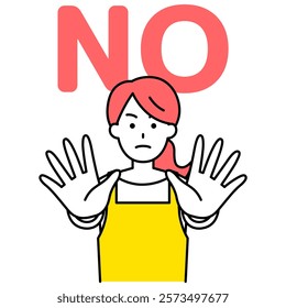 Woman in an apron holding both hands out in front of her and saying NO