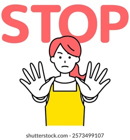 Woman in an apron holding both hands out in front of her and saying STOP