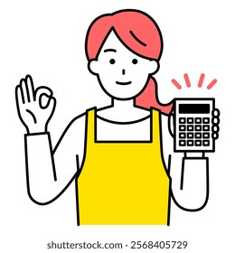 Woman in an apron holding a calculator and making an OK sign