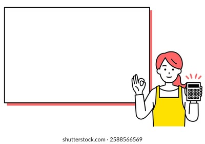 Woman in an apron holding a calculator and making an OK sign in front of a whiteboard