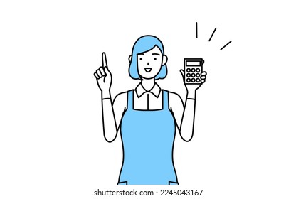 A woman in an apron holding a calculator and pointing.