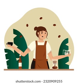 Woman in apron holding cup, milk and juggling coffee beans. Female barista preparing drink. Experienced coffee shop workers serving clients. Colorful vector flat illustration in cartoon style