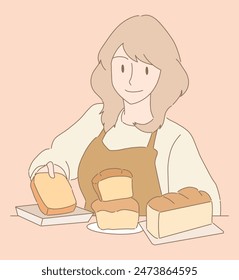 Frau in Schürze hält köstliches Brot, serviert frische hausgemachte Bäckerei. Junger Bäcker zeigt Backblech mit Brotlaib. Handgezeichnete flache Cartoon-Charakter-Vektorillustration.