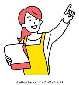 Woman in an apron holding a document and pointing into the distance