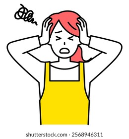 Woman in an apron holding her head in worry