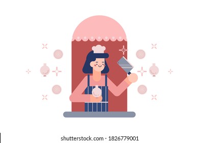 Woman in an apron holding metal sharp cleaver. People in the window frame and vector onion, star icons. Illustration about Kitchen at home.