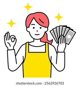 Woman in an apron holding money and making an OK sign