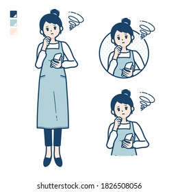 A woman in a apron with Holding a smartphone and troubled images.
It's vector art so it's easy to edit.
