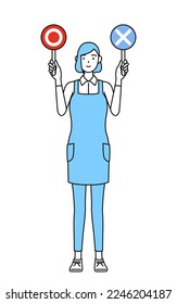 A woman in an apron holding a stick indicating correct and incorrect answers.