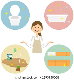 A woman in an apron is an illustration for cleaning.