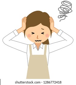 A woman in an apron is an illustration holding her head.