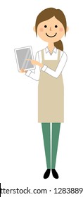 A woman in an apron is an illustration with a tablet.