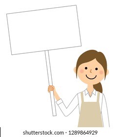 A woman in an apron is an illustration with a whiteboard.