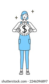 A woman in an apron, with images of foreign exchange gains and dollar appreciation.