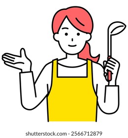 Woman in an apron introducing a ladle