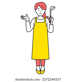 Woman in an apron introducing a ladle (full body)