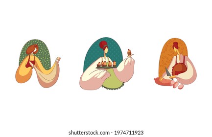 Woman in Apron Kneading Dough, Baking Cupcakes and Slicing Wurst Vector Set