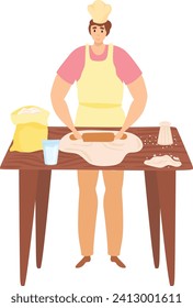 Woman in apron kneading dough on wood table with flour and glass of milk. Home baking and cooking process vector illustration.
