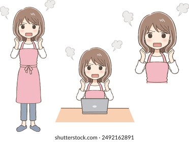 A Woman in an Apron Looking Angry (Full Body, Upper Body, at a Computer)