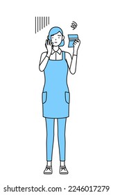A woman in an apron looking at his bankbook and feeling depressed.