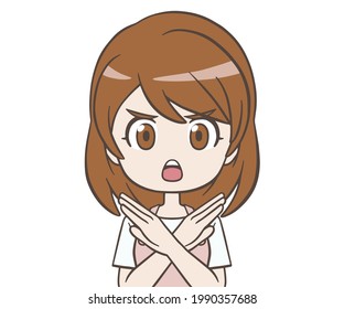 A woman in an apron making an NG sign