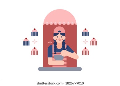 
Woman in an apron mixing eggs and wheat flour in a bowl. People in the window frame and vector cupcake, star icons. Illustration about Kitchen at home.