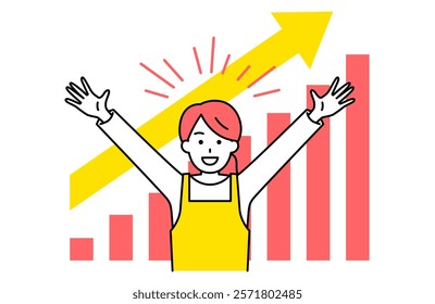 Woman in an apron is overjoyed with a growing graph