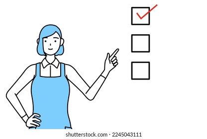 A woman in an apron pointing to a checklist.