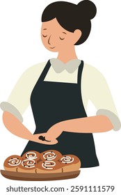 A woman in an apron prepares pastries. Vector illustration