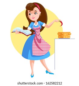 A woman in an apron prepares soup