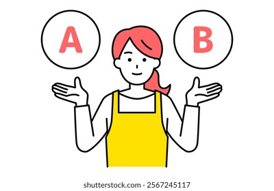 Woman in an apron proposing options A and B