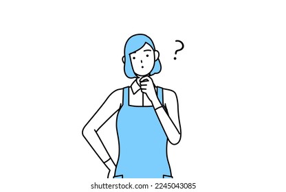 A woman in an apron with questions.