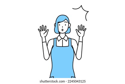 A woman in an apron raising his hand in surprise.