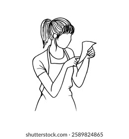mulher na avental de leitura de um pedaço de papel executando seu dedo indicador ao longo das linhas, retrato sem detalhes faciais - desenho de arte de linha desenhada à mão