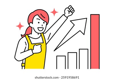 Woman in an apron rejoicing with a growing graph and a fist pump