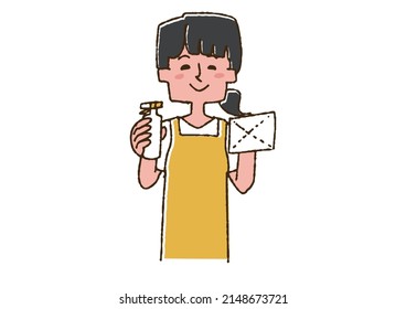 Woman In An Apron With Rubbing Alcohol And A Rag Comical Handwritten Person Vector, Color On Line Drawing